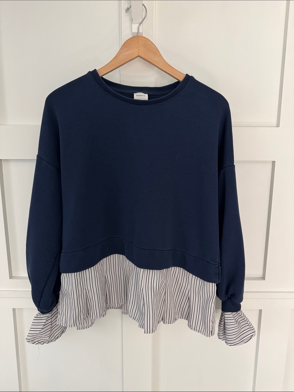 Maeve Navy Mixed-Media Crewneck Sweater with Striped Hem